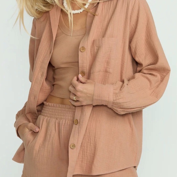 BILLABONG ORANGE CRINKLE GAUZE BUTTON FRONT LONG SLEEVE BLOUSE WOMENS SMALL - Picture 8 of 12